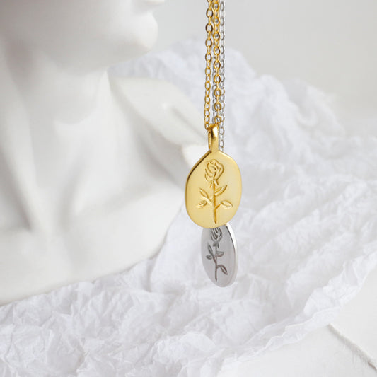 Rose Flower Oval Tag Necklace